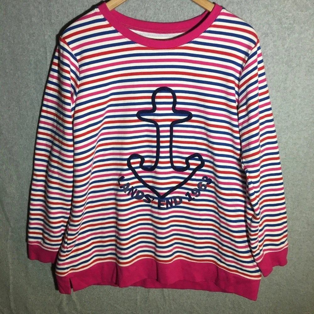 Womens Lands End Sweater Serious Sweats Anchor Striped Loungewear Winter Fall